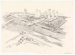 Høyblokkbebyggelse langs en elvebredd [Perspektiv]