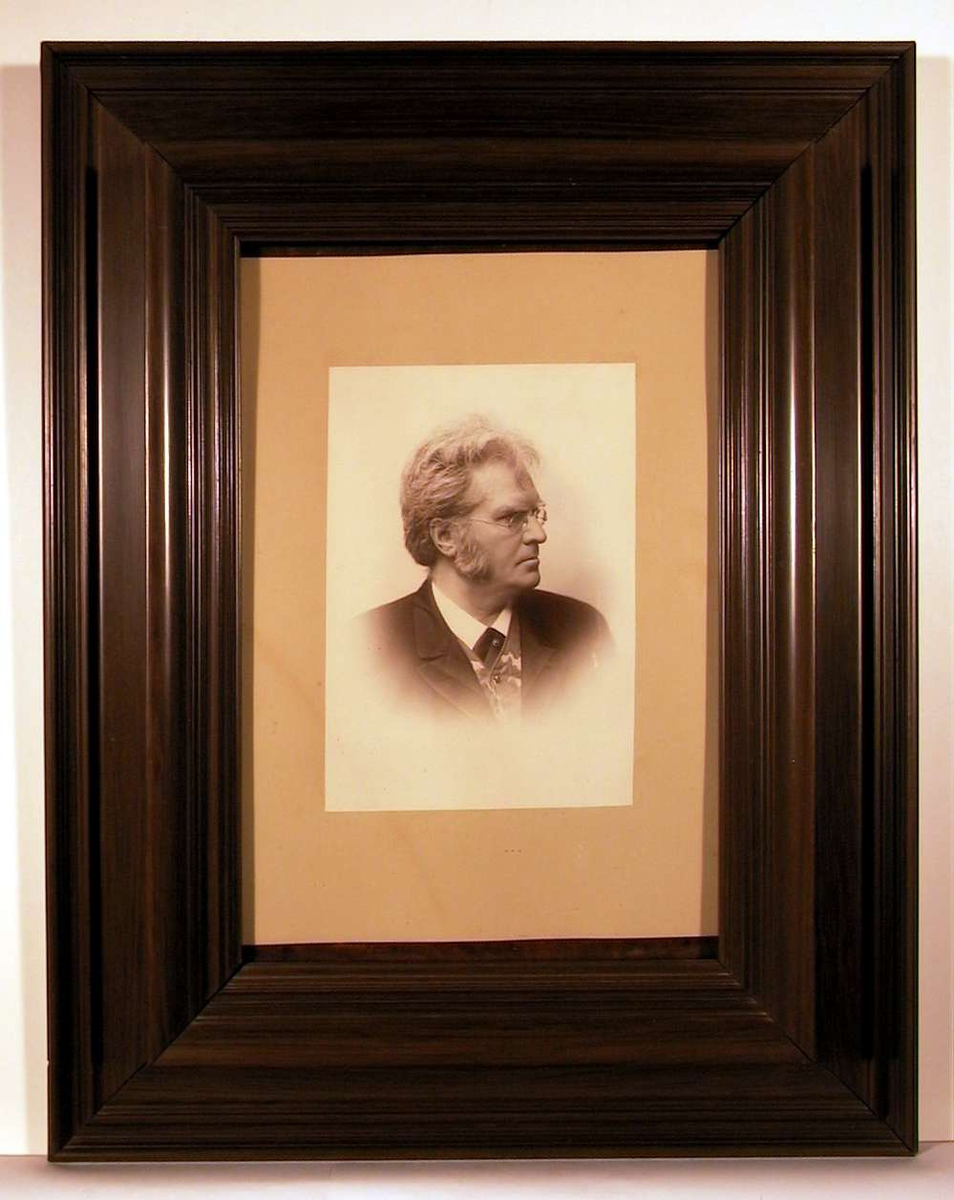 Portrettfotografi i profil av mann med briller og store bakkenbarter, mørk jakke og mønstret vest, slips med nål og hvitt skjortekrave.