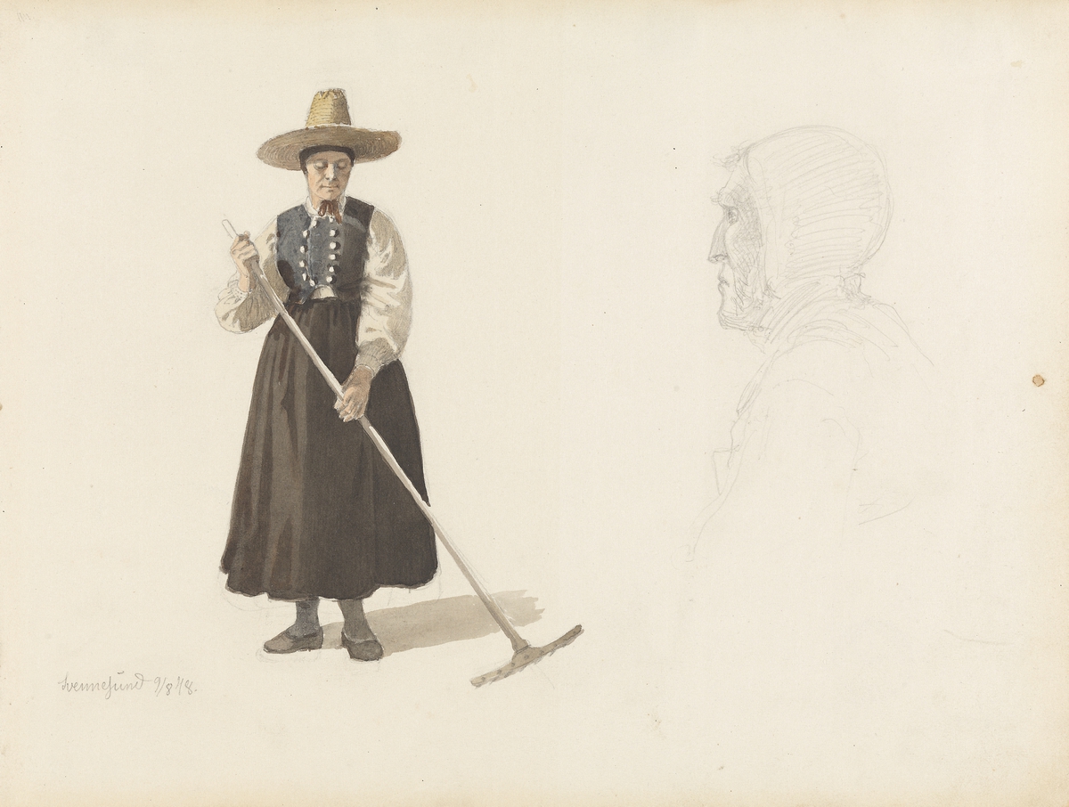 Kvinne som raker; gammel kone, Svennesund [Tegning]