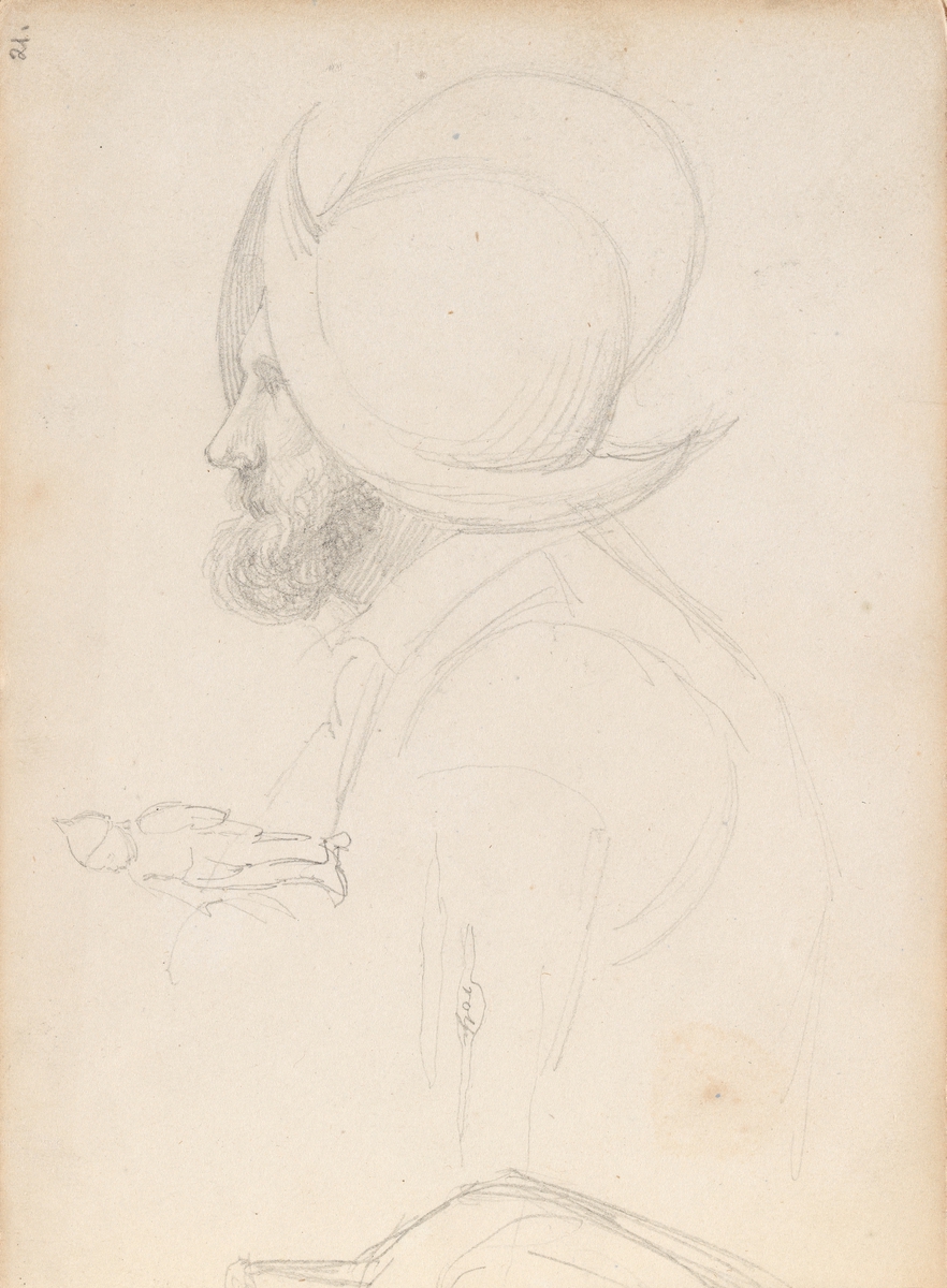 Mann med hjelm i profil; figurstudie [Tegning]