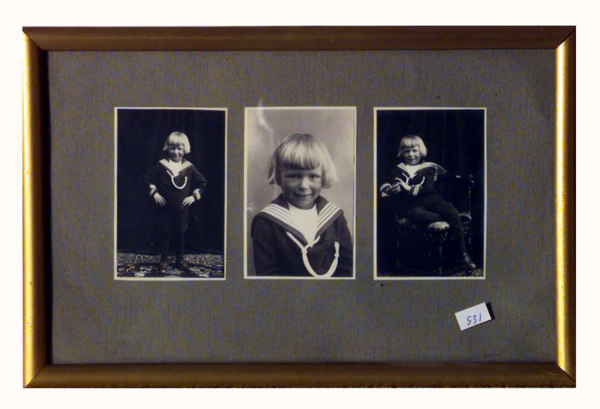 Tre bilder av Hans Benedict Undset Svarstad i matrosdress.