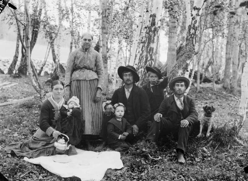 02.06.1901. Magnus Andersons gruppe. Gruppebilde i skog, kvinner, menn, barn, tatere.
