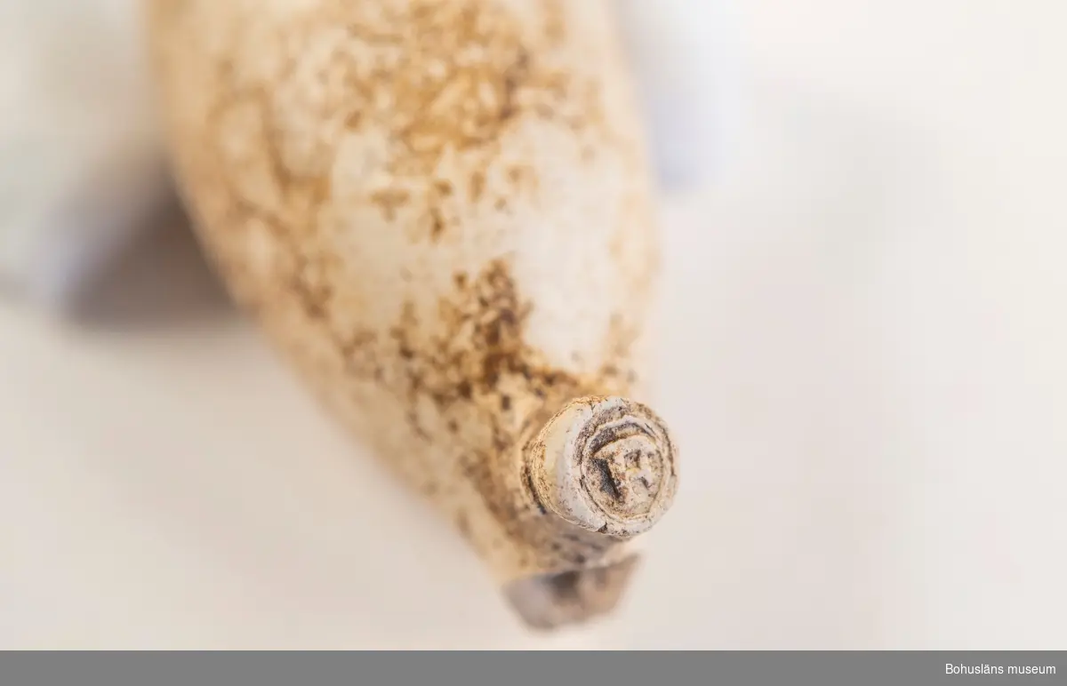Kritpipshuvud, med klack. Intakt holk, med endast lite nagg. Punktdekor kring mynning och stämpel på klack ("F"?). Av 1700-tals typ?

Landskap: Bohuslän