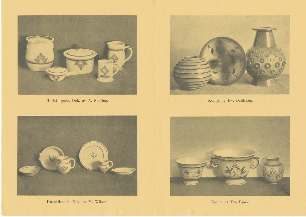 Produktkatalog från 1930-talet, med praktiska hushållsfajanser, konstglaserade dekorativa fajanser som terrasskrukor, vaser, skålar och blomkrukor.