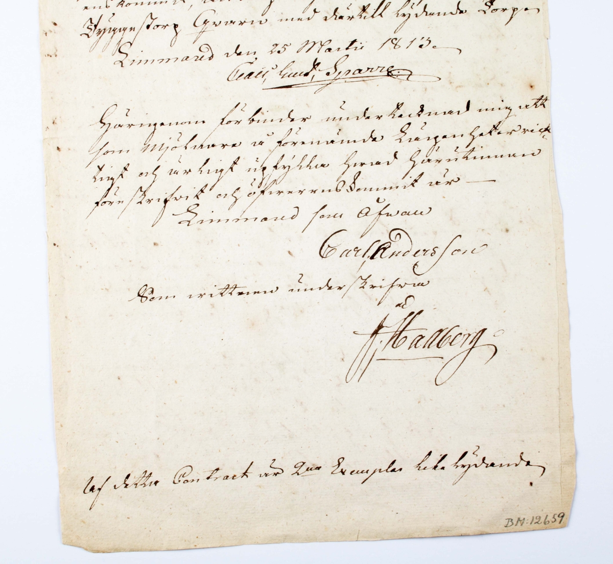 Mjölnarekontrakt, rörande Limmared Säteri år 1813. Pappersark med handskriven text.
