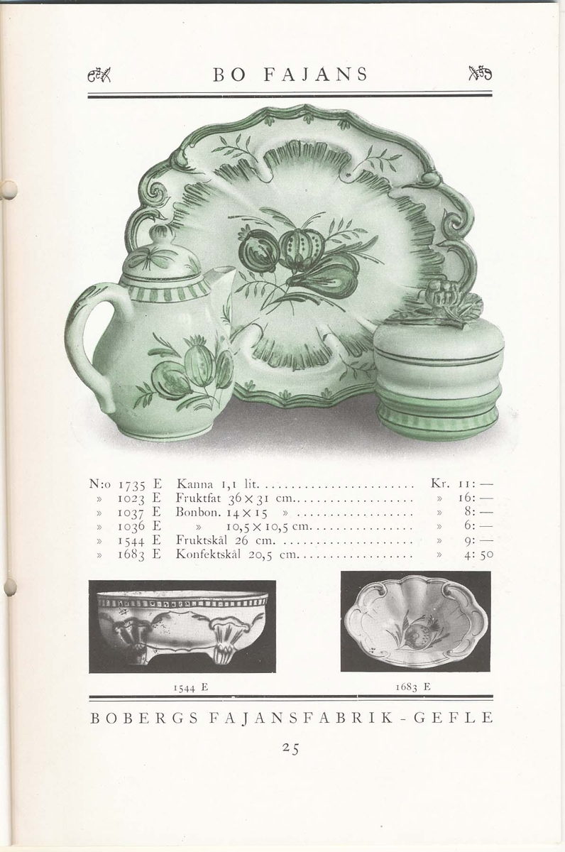 Produktkatalog från Bo Fajans 1930. Handdekorerade fajanser komponerade av Eva Jancke Björk, Allan Ebeling och Maggie Wibom.