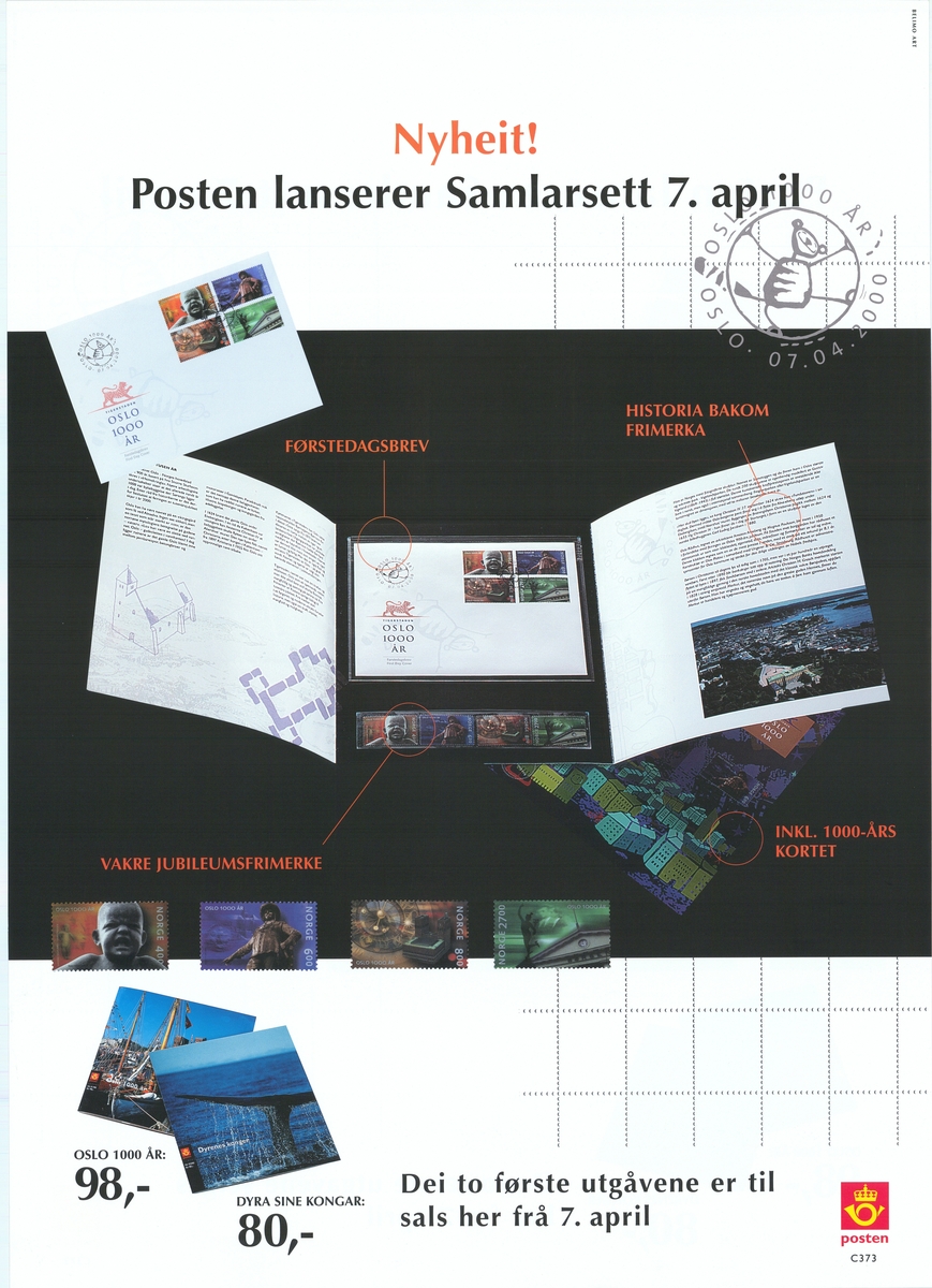 Tosidig plakat med hvit bunnfarge. Motiv og tekst, nynorsk og bokmål på hver sin side.