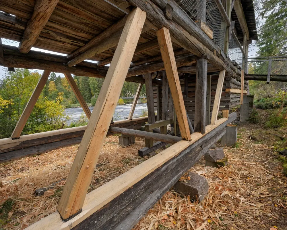 Del av Andråsaga på Norsk skogmuseum, fotografert etter restaureringsarbeid høsten 2022. Fotografiet er tatt fra den sida av underbygningen som vender inn mot elveskråningen, med utsikt mot vassdraget i bakgrunnen. Vi ser bygningen fra den ytre mot den øvre enden. De elementene som her framstår med lyse overflater ble fornyet i forbindelse med restaureringsprosjektet - se teksten nedenfor. 

Andråsaga sto opprinnelig ved elva Ana, øverst i det såkalte Sagfallet, i det bratte terrenget på østsida av Storsjøen i Ytre Rendal. Da Norsk Skogbruksmuseum tidlig i 1960-åra startet arbeidet for å innlemme ei oppgangssag i friluftsmuseet i Elverum var dette et av flere alternativer museumsbestyrer Tore Fossum arbeidet med. Da var det om lag 40 år siden Andråsaga hadde vært i bruk, og den sto til nedfalls i et fuktig lokalmiljø ved Ana. Også de andre alternativene museet hadde var konstruksjoner i framskredet forfall. Andråsaga ble antakelig valgt dels fordi transporten fra Rendalen til Elverum var overkommelig, dels fordi museets daværende styreleder hadde gode relasjoner til eierne. Særlig de nedre delene av saga var imidlertid så råteskadde, at mye av trevirket måtte erstattes av nye materialer. Huset ble demontert i 1963 og gjenoppbygd på museet, i elveskråningen på østsida av Klokkerfossen, i 1964. Også der har den vært eksponert for tærende naturkrefter. Vasshjulet på fotografiet er en kopi som ble lagd av museets vaktmestere i 1988. Samtidig sørget de for å heve betongpilarene bygningen kviler på. Disse støpte fundamentene fulgte ikke vegglinjene slik de burde ha gjort, men hevinga av konstruksjonene kom tross alt vel med under storflommen i 1995. Den laftete svillramma som bærer den ytre delen av bygningen ble fornyet av restaureringshandverkerne Arne Pedersen, Morten Pedersen og Roald Renmælmo i 2002. De hadde planer om å fortsette arbeidet i overliggende konstruksjoner, men greide ikke å finansiere dette. Den videre restaureringa ble derfor satt på vent i 20 år. Høsten 2022 var det tømreren Knut-Arild Nordli som arbeidet med bygningen. Han måtte konstatere at den høye, åpne bygningskonstruksjonen hadde eksponert toppstokkene i den fine svillramma Pedersen-karene og Renmælmo hadde tømret i 2002 for mye slagregn. De øverste stokkene på langveggene var råtne på oversidene. Nordli valgte å telgje og høvle dem ned til han fant frisk ved og legge på nye toppstykker av kjerneved av furu. Sammenføyningene ble innsmurt med nybrent tretjære. Nordli satte også opp igjen skråbånd av den typen som ble fjernet i 2002 med sikte på at de skulle ha blitt remontert i 2003. Videre skiftet han midlertidige kabber som hadde båret ytterendene av tømmerkassa under den øvre delen av saghuset siden 2002. Han skiftet også en del råtne komponenter i tømmerkassa, og sørget for at påspikrete «plankeavstivninger» i denne delen av konstruksjonen ble erstattet av vertikalstilte labanker, slik det er grunn til å tro at de som brukte saga i Rendalen ville gjort. Akslingen med vasshjulet, som hadde glidd ut av stilling, ble jekket tilbake i riktig posisjon. Etter planen skal Nordli fortsette restaureringsarbeidet med tiltak i den øvre delen av saghuset i 2023. 

Se også SJF-B.0032 i Norsk skogmuseums bygningsdatabase.