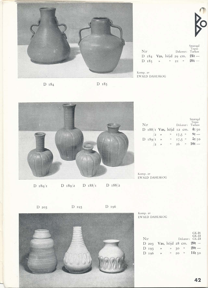 Priskurant från Bo Fajans 1939, med praktiska hushållsfajanser, konstglaserade dekorativa fajanser som terrasskrukor, vaser, skålar och blomkrukor.