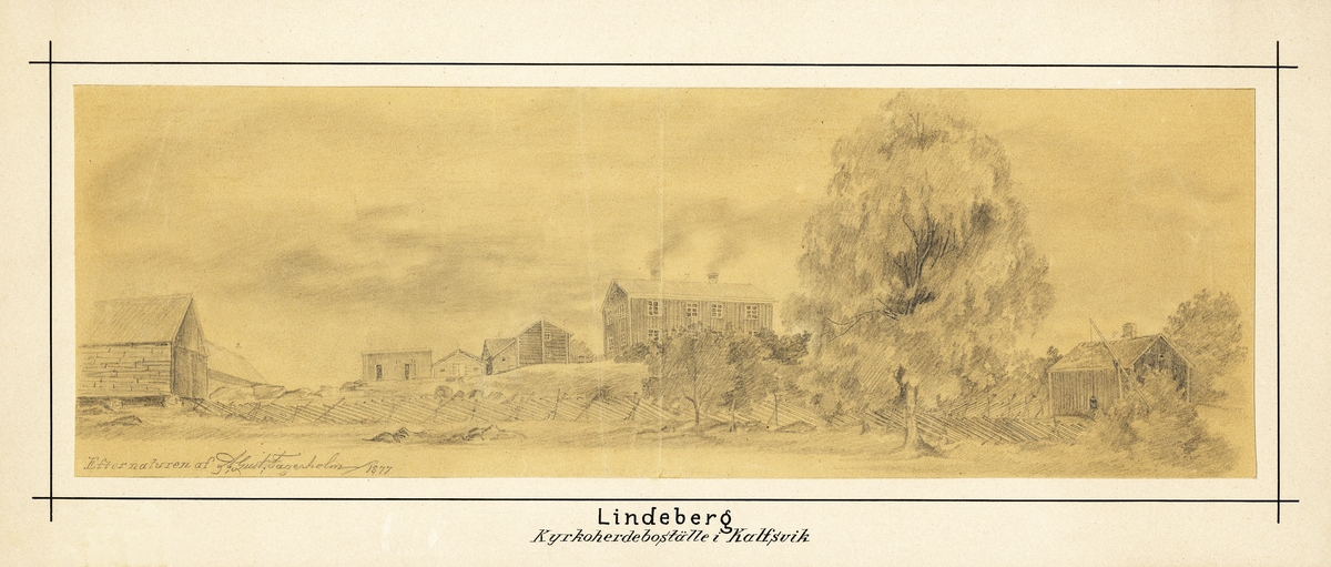 Lindeberg, kyrkoherdeboställe i Kalvsvik (enl. vissa källor Jät). 
Avfotograferad blyertsteckning, "efter naturen av A. Gust. Fagerholm, 1877".