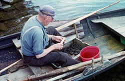 Yrkesfisker Paul Stensæter (1900-1982) fisker kreps i Steins