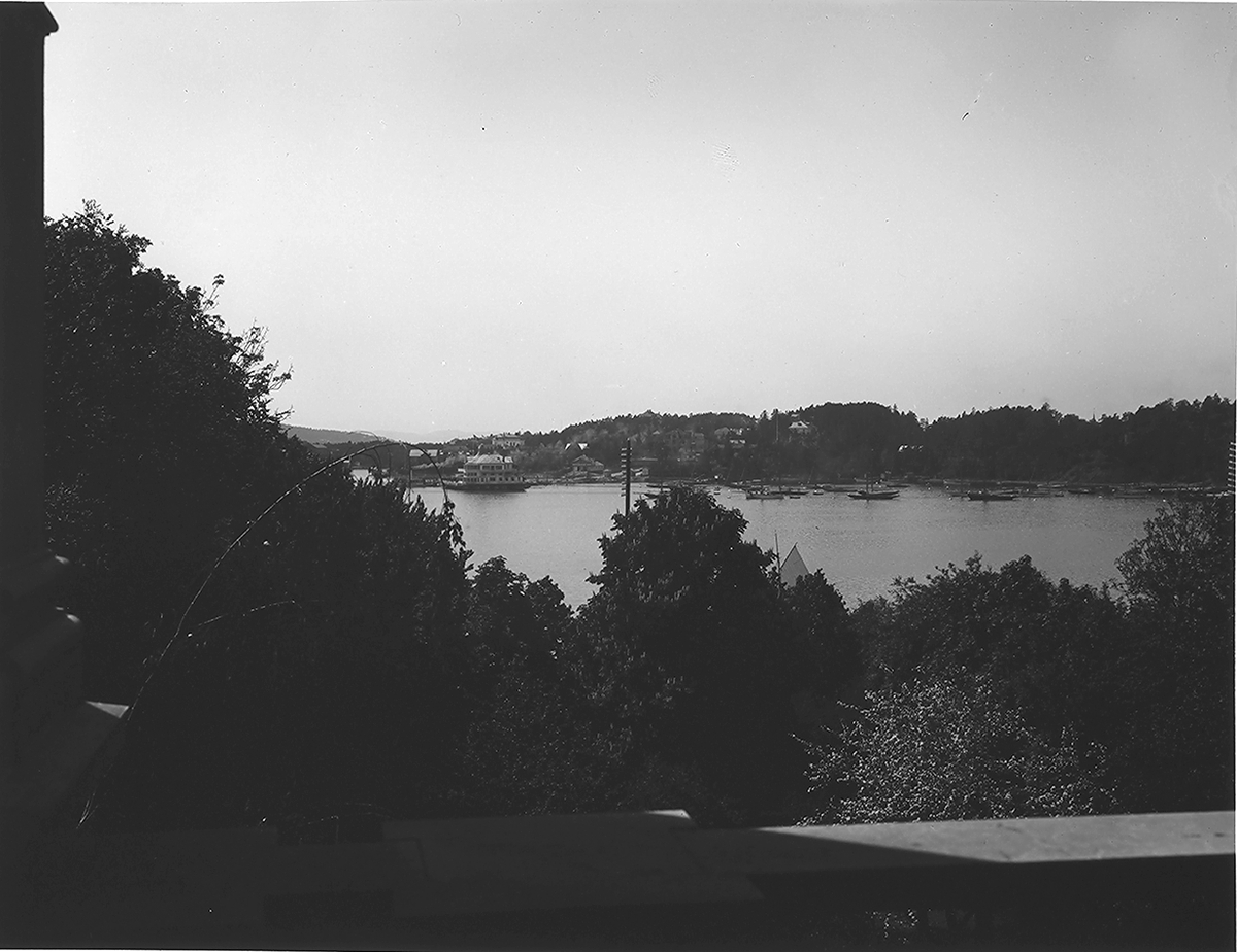 Utsikt mot Frognerkilen i Oslo, sett fra statsråd Hans Rasmus Astrups dagligstue. Fotografert 1909.