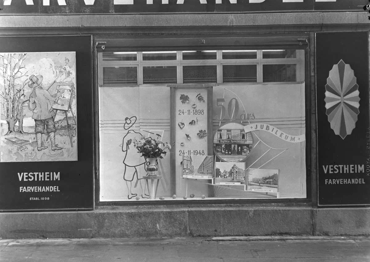 Vestheim Farvehandel i Frognerveien feirer sitt jubileum.  Har vært i bransjen i 50 år fra 1898  til  1948.