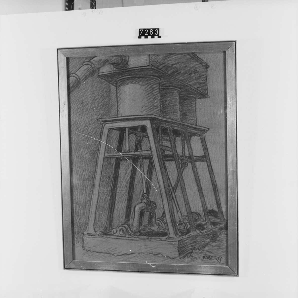 Signerad: "Boberg". På tavlans baksida: "Cylinderblåsverk i smedjan vid Algrena (Närke) 1919. "Ferdinand Boberg". I glas och förgylld ram.