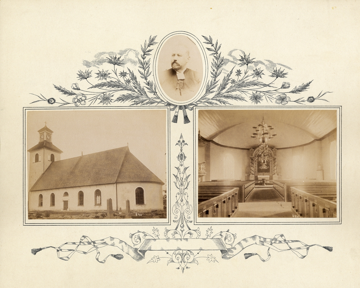 Södra Unnaryds kyrka med exteriör- och interiörfoto. I mitten syns ett foto av kyrkoherde A. Lönngren.