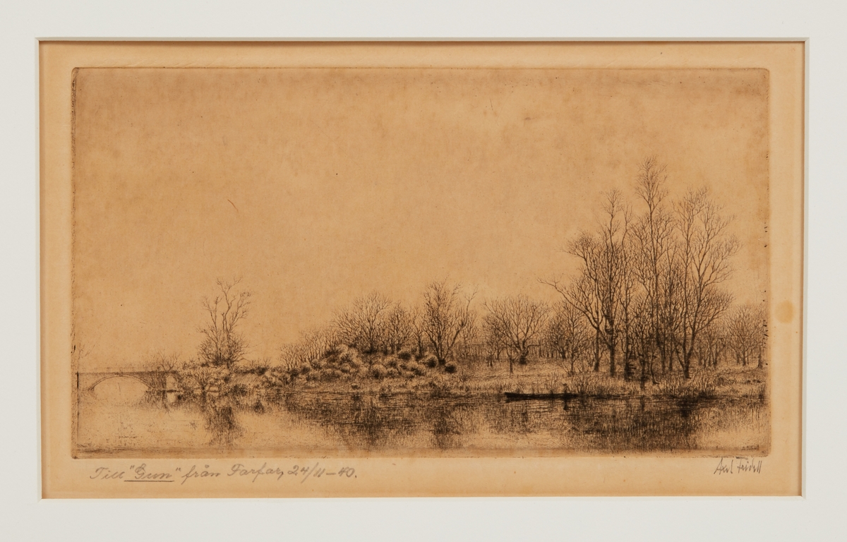 Gravyr av Axel Fridell.

Haskell nr 244.
Titel:"Kensington gardens (Parklandskap, Serpentine river)".