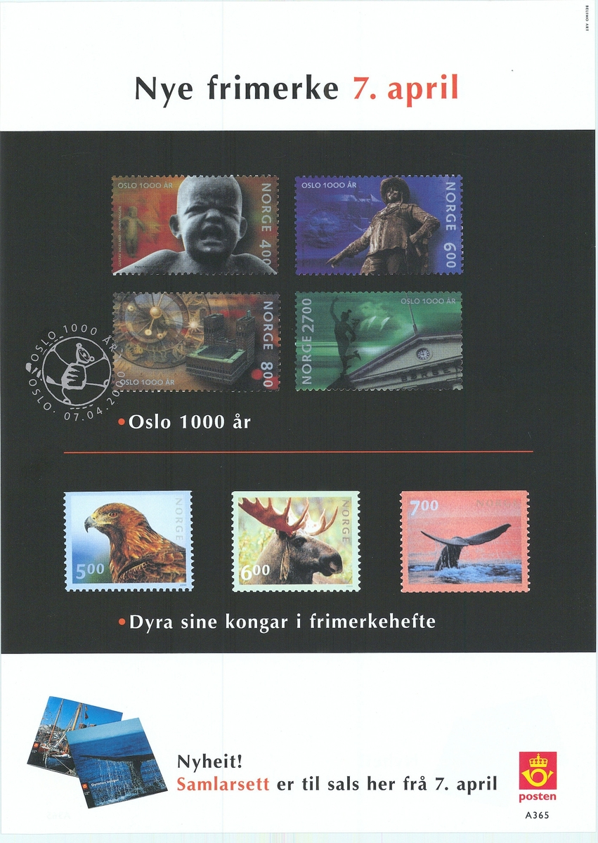Tosidig plakat med svart bunnfarge, tekst og motiv av frimerker. Tekst på bokmål og nynorsk.