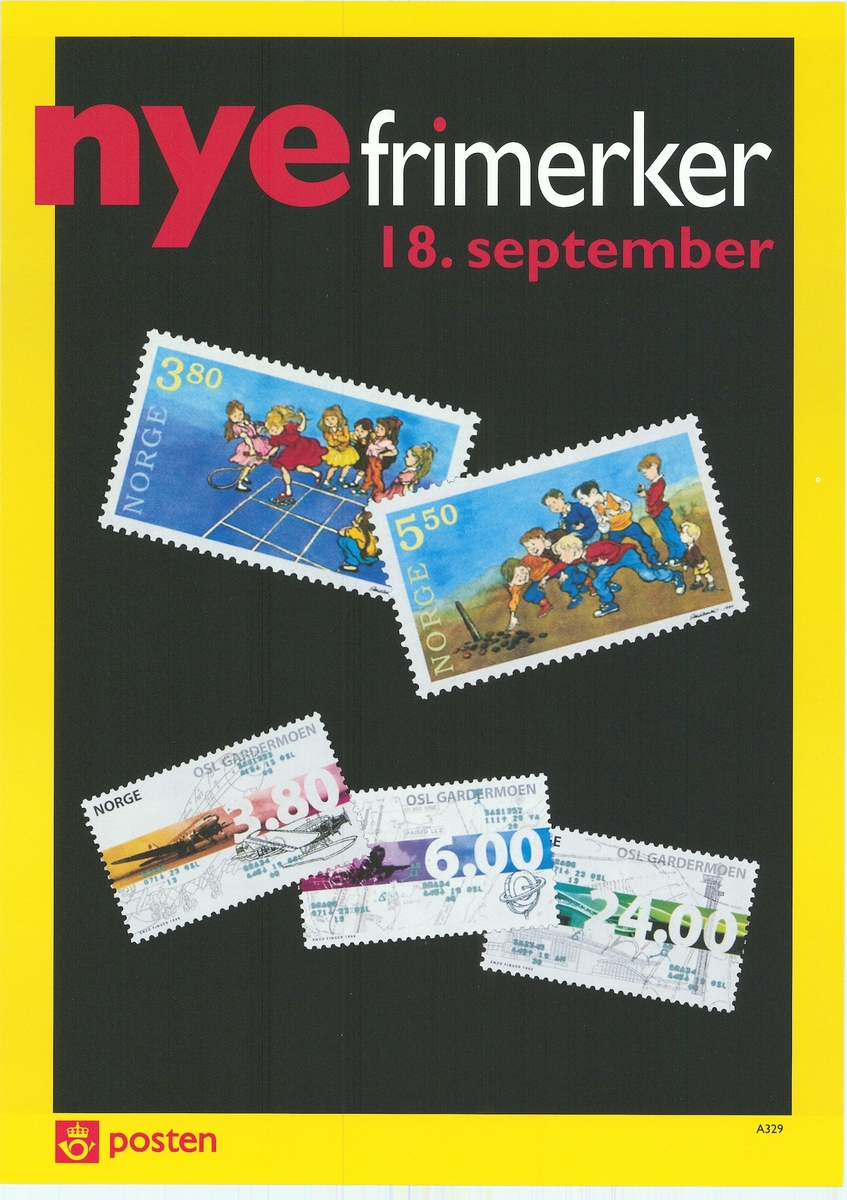 Tosidig plakat med svart bunnfarge og gul kantstripe. Motiv, tekst og logomerke. Tekst på bokmål og nynorsk.