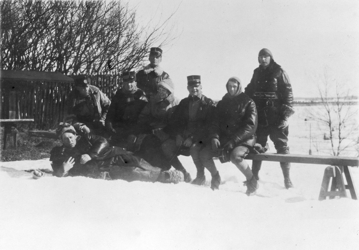 Sju officerare och en hund poserar tillsammans med Mary von Johnstone, fru till Tor, vintertid. I Boden omkring 1916-1918.