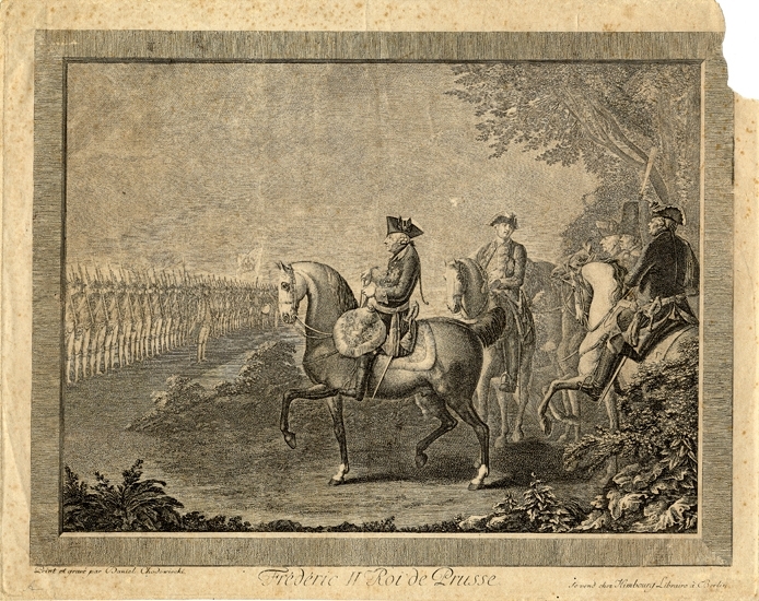 Kopparstick avbildande Fredrik II av Preussen till häst framför en trupp. 
Nedtill text på franska.
