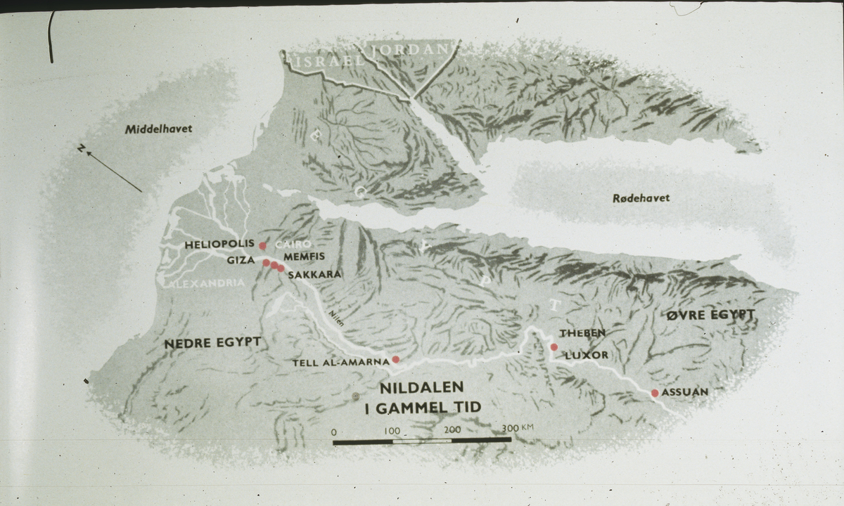 Kart over Nildalen i gammel tid. Egypt.