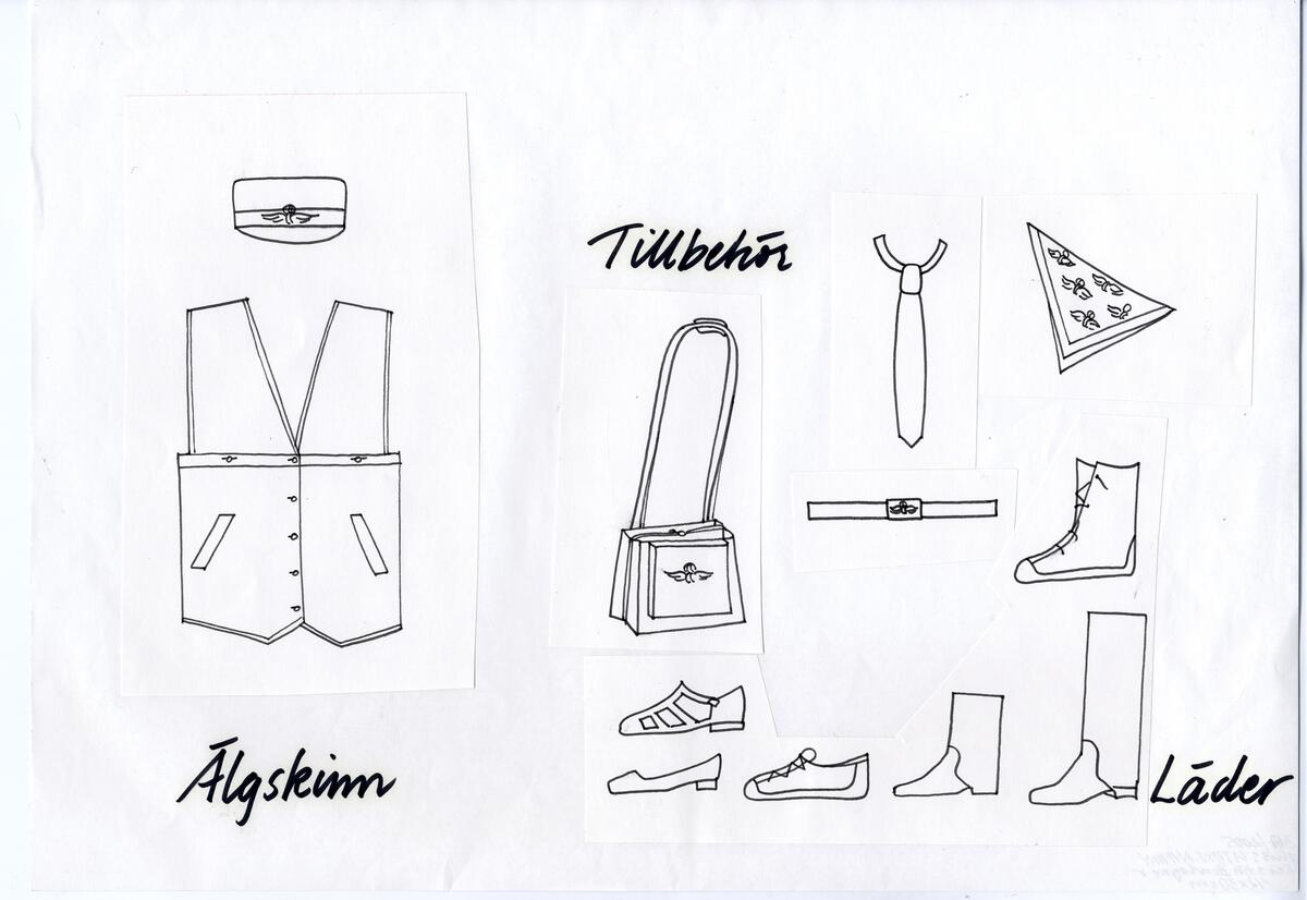 Skisser av tillbehör som skor, väska och slips till ny klädsel för SJ:s tågpersonal. Uppdrag av Byrålådan.|