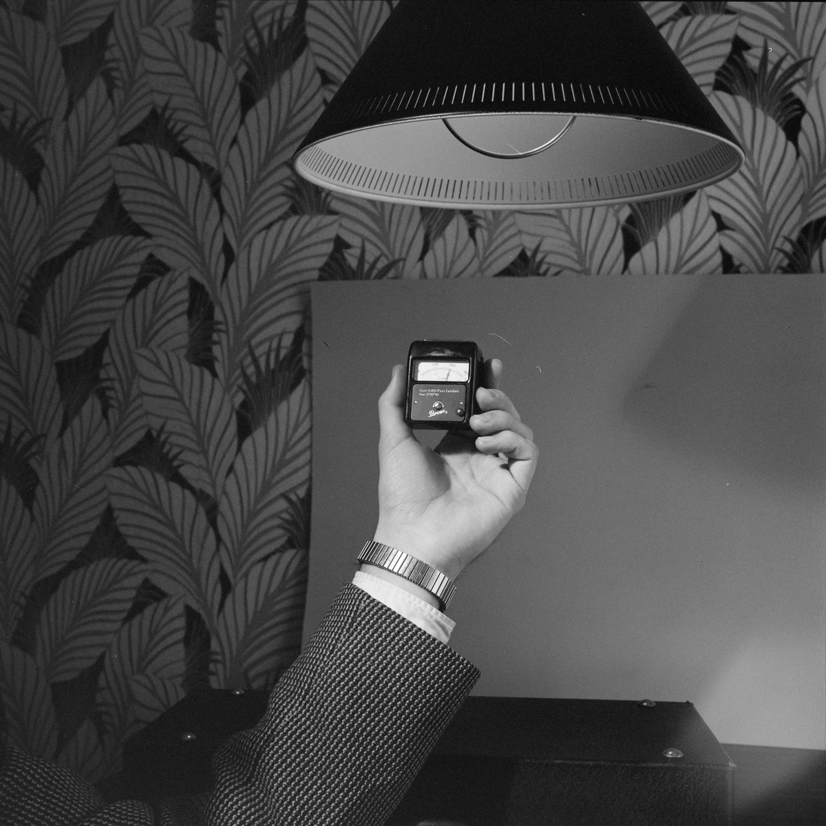 Riber & Søn, fotografert i bygningskompaniet - Glamox A/S, foto av en hånd med lysmåler