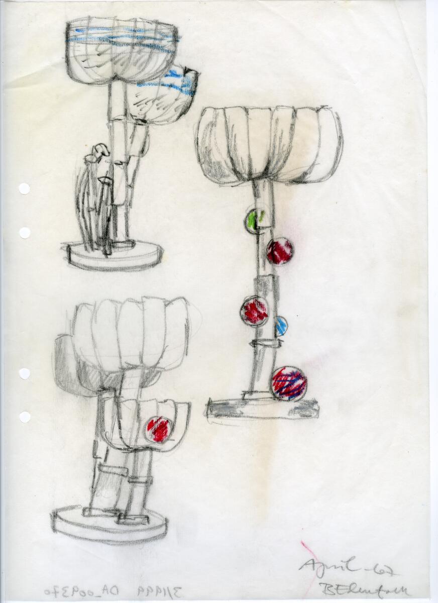 Materialet innehåller skisser till glasserviser, ishink, vaser m.m. 50 skisser daterade 1965. 37 skisser daterade 1966. 83 skisser daterade 1967.