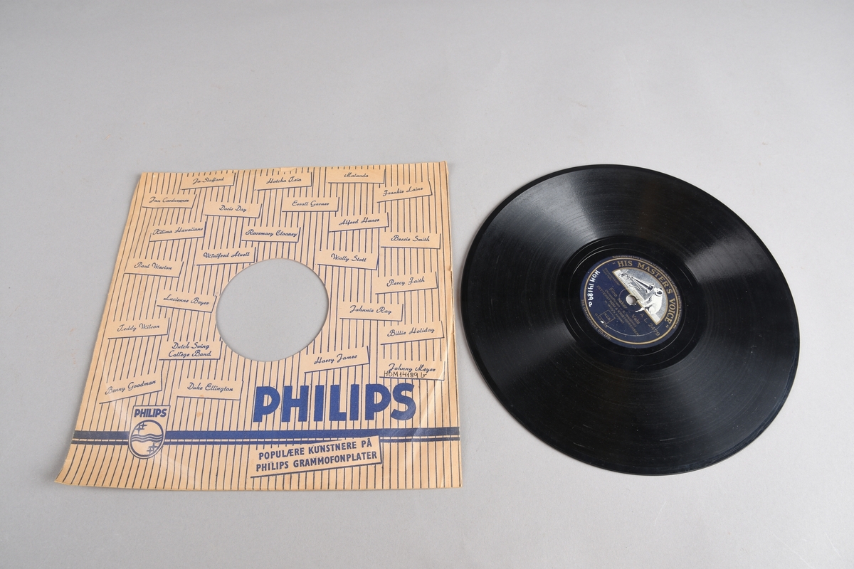 Plateomslag til His Master's Voice, 78-grammofonplate med musikk av Zetterström & Kristoffersen viseduo. Plateomslaget er frå Philips med ulike artistnamn trykt på fram- og baksida. Tofarga dekor. Omslaget har opning i toppen og sirkelrundt hol på midten.