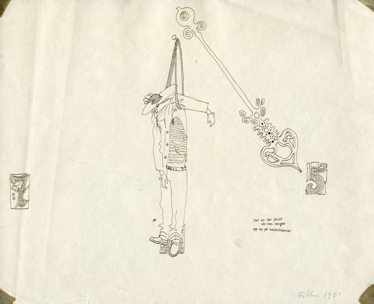 En man hänger i armarna i två rep som är fastsatta med en stor spik i väggen. Till höger syns ett ryggradsliknande belag (?).
Text nedtill till höger: "Det är för jävlit när man hänger opp sej på mellantiderna",