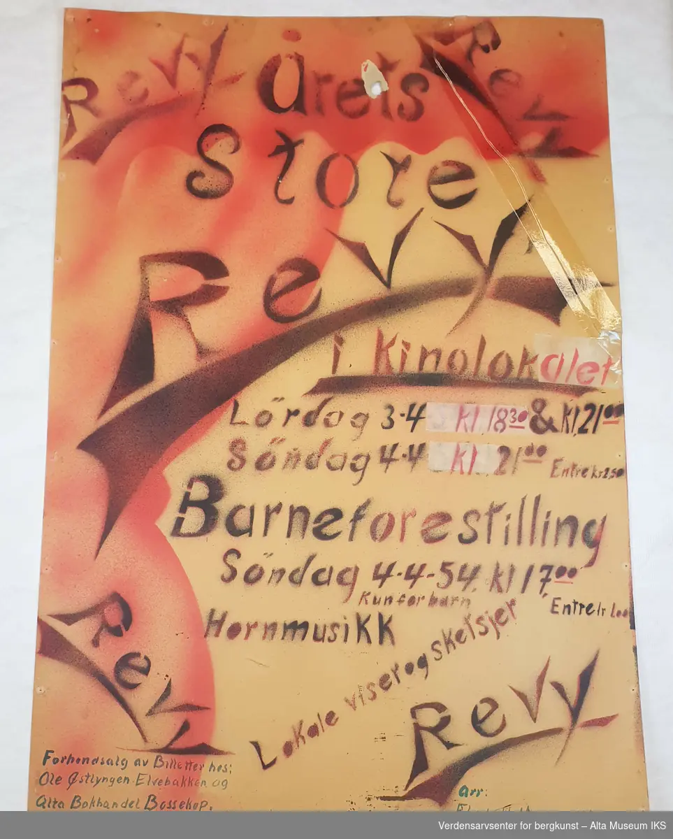 Revyplakat fra 1954, markedsføring for forestilling i kinolokalet i regi av Elvebakken Hornmusikkforening.