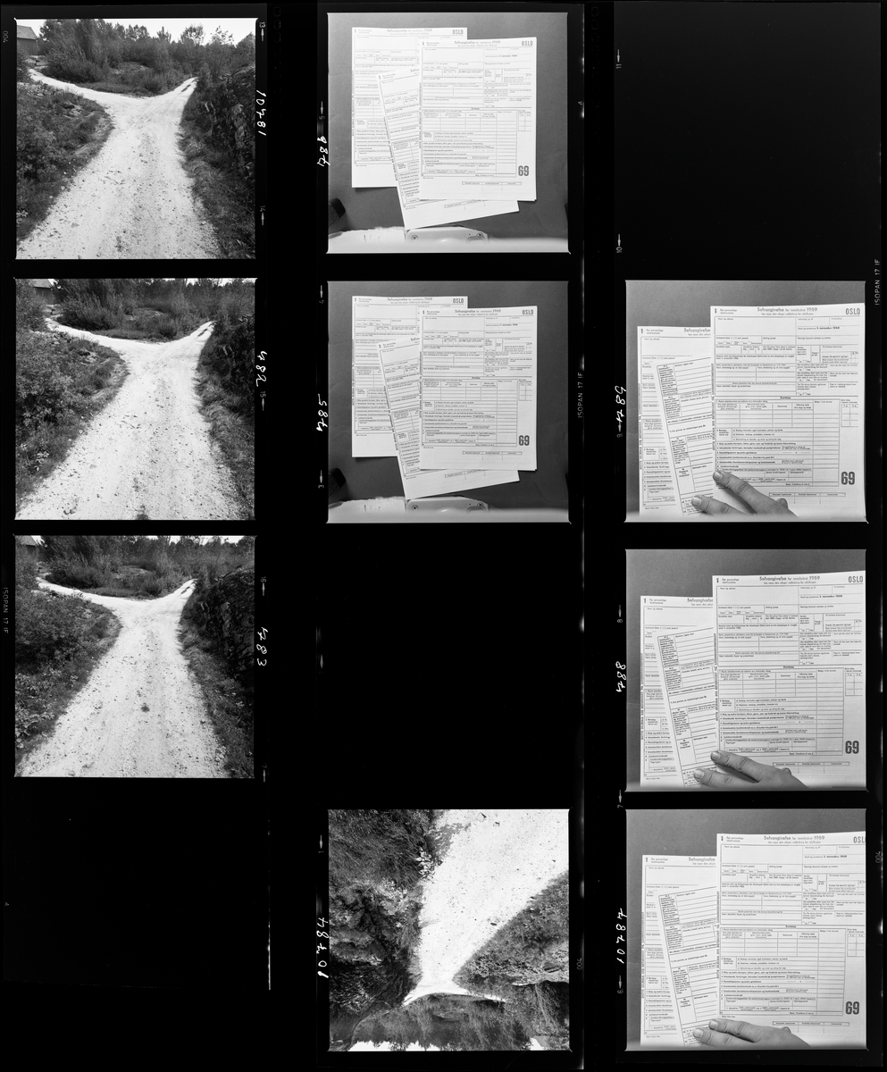 Bildeserie av dokumenter og veiskille på grusvei