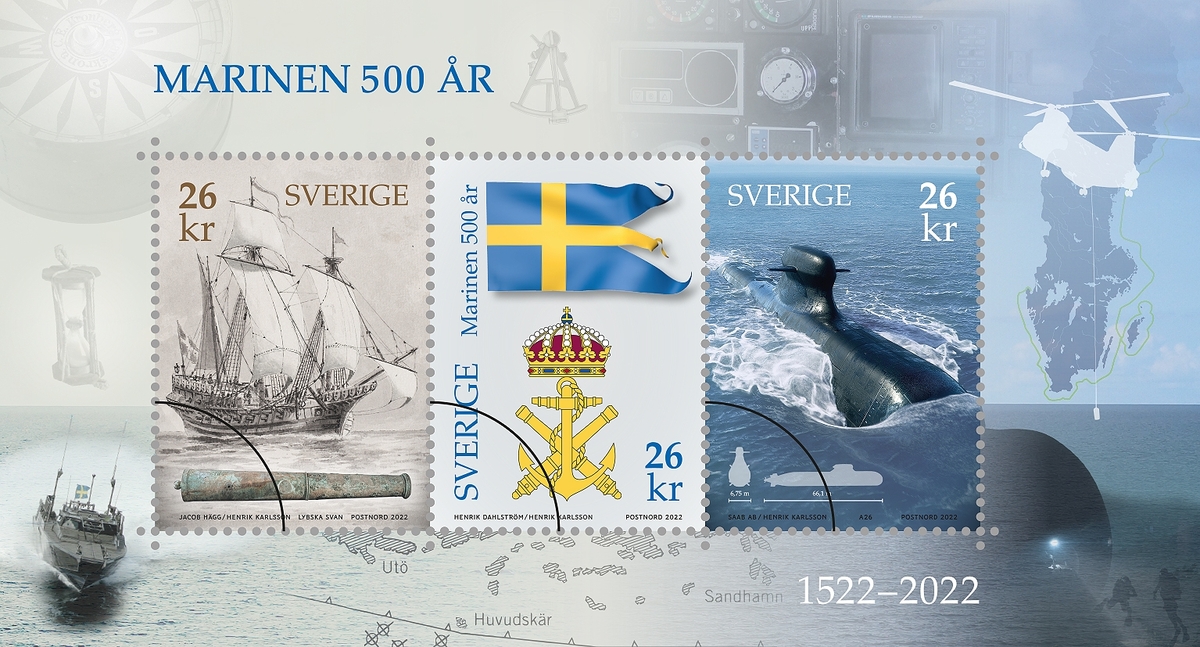 Tre frimärken i miniark med tre olika motiv från utgivningen "Marinen 500 år". Valör 26 kr.
