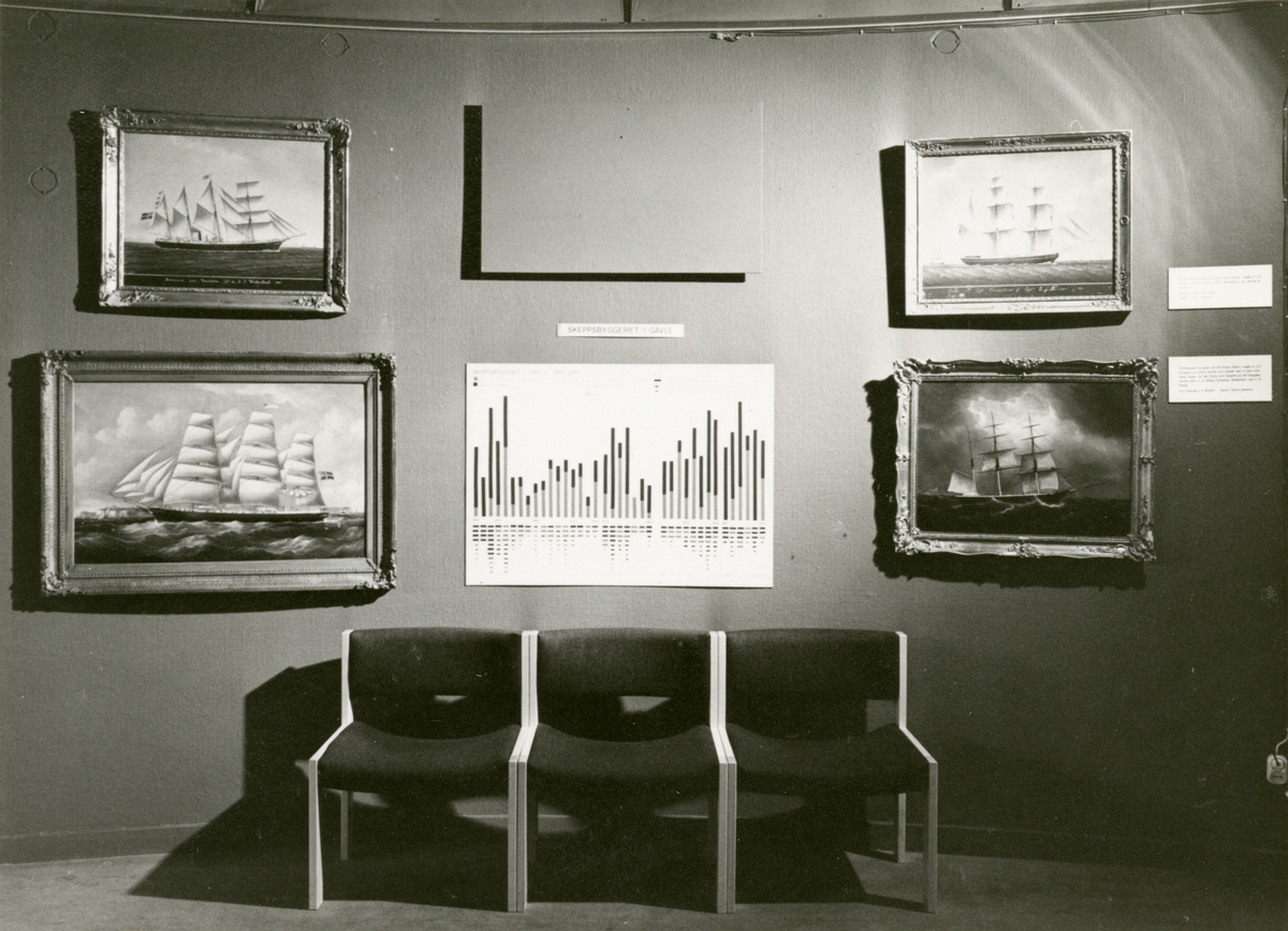 Utställningen "Herrarna Bång". Fyra skeppsporträtt samt tabell om skeppsbyggeriet i Gävle monterade ovanför stolar för publik.