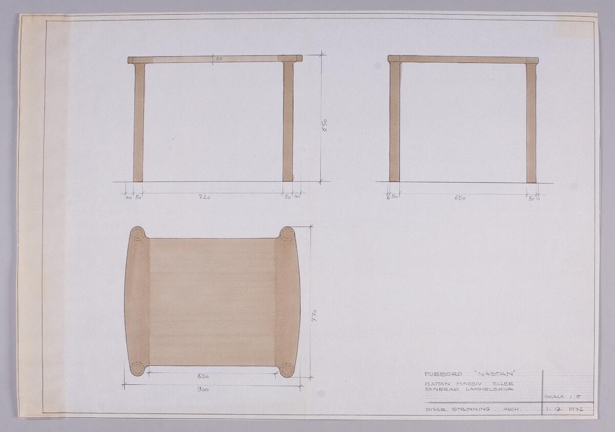 Skisser i skala 1:5 och 1:1 till pubbord, matbord samt en stapelbar stol, visade ur olika perspektiv. Noteringar. Måttangivelser.