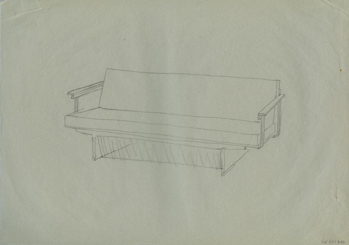 Skisser och idéskisser till olika varianter av soffor, varav vissa är bäddbara. Även referensmaterial i form av en beviljad patentansökning, publicerad 1938-06-08, för "Till säng omändringsbar soffa", uppfinnare A.M. Eriksen.  