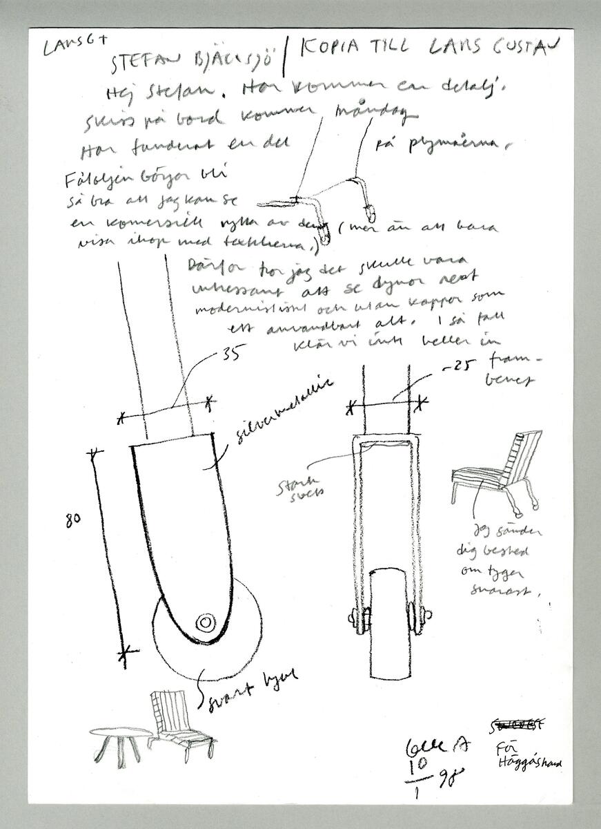 Text om fåtöljen Frilago samt skisser på både fåtöljen och benen med hjul.