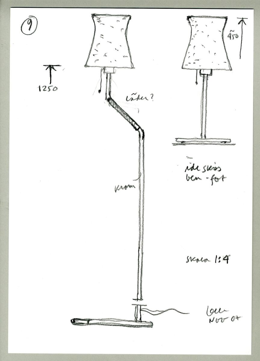 Sammanställning på lampmodellen Torso för Blond. skisser på skärm och ben modeller.