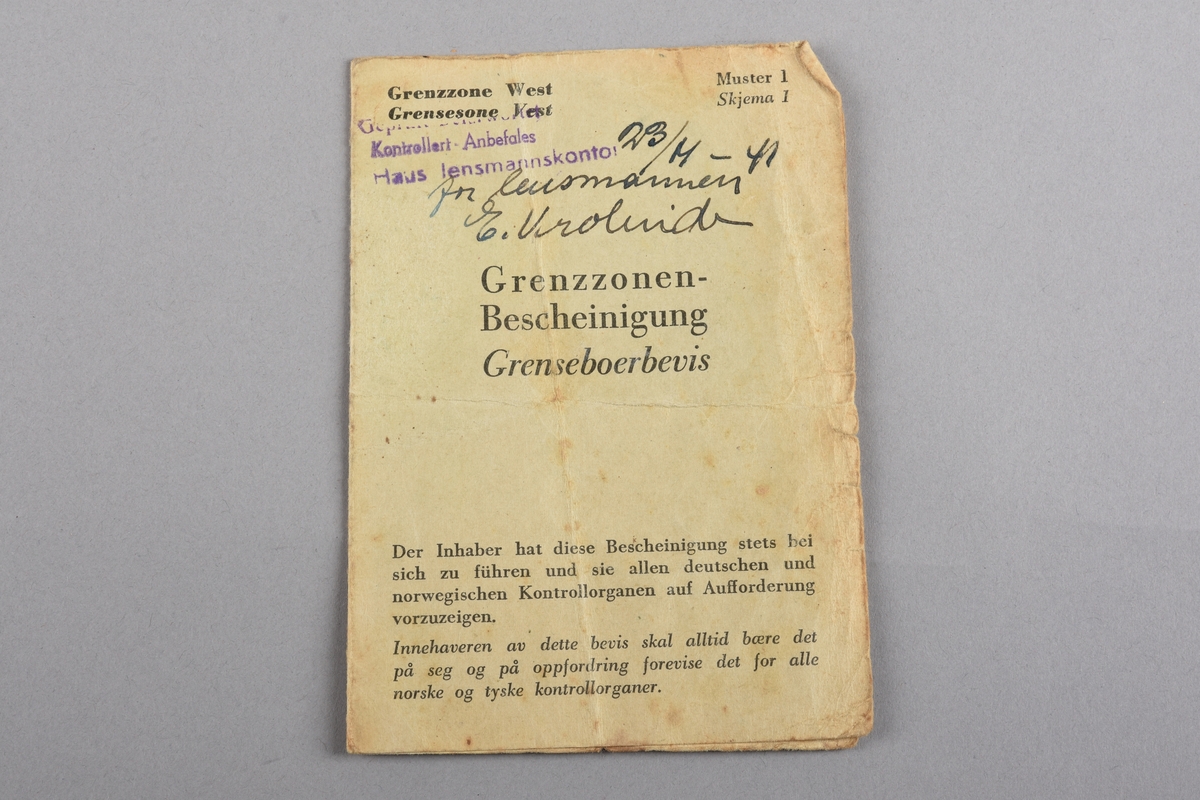 Grensebuarbevis m/bilete, 01.oktober 1940.