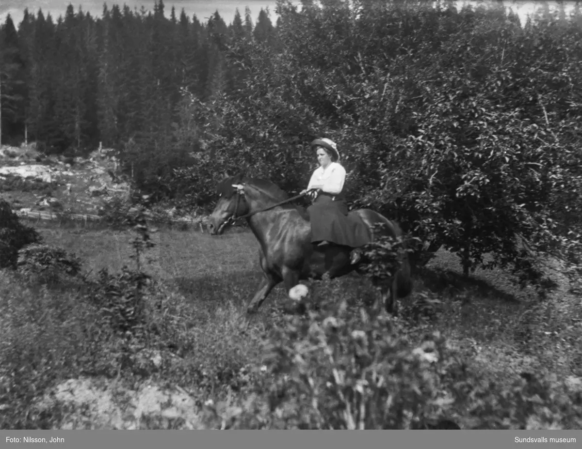 Två bilder med en ung kvinna som rider på en häst, troligen på Roken 1:3 i Laggarberg. Kvinnan, som är klädd i kjol, "sitter i damsadel" men utan sadel. På den första bilden syns även en del av ett uthus.