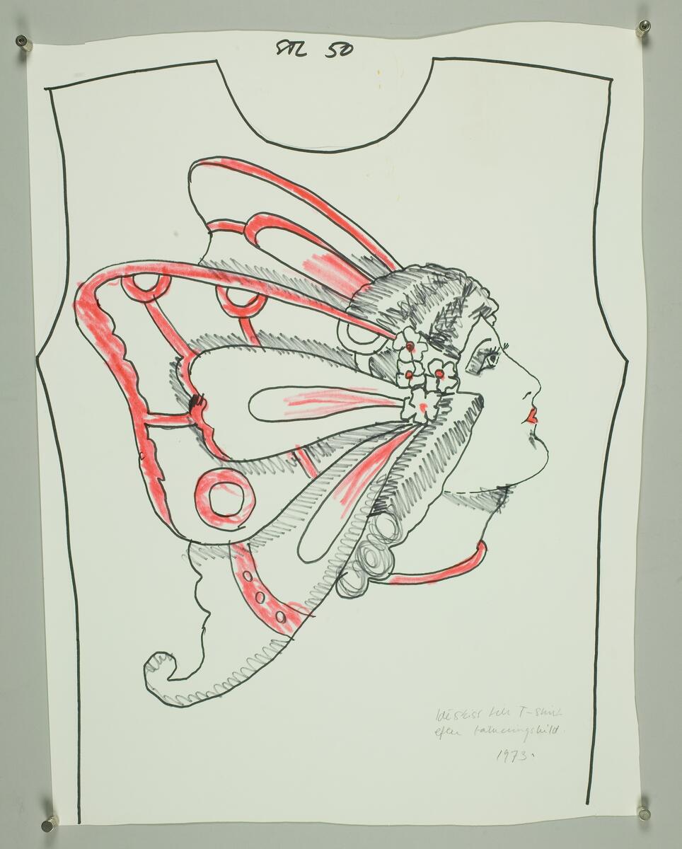 Ideskisser för T-shirt och kalsonger: Flygande drake, 70x48, 70x69, 34x34, 33x41, 47x50 cm. Fjärilar, 81x59, 25x41. Kvinnohuvud, 65x48 cm. Skepp, 74x53 cm.