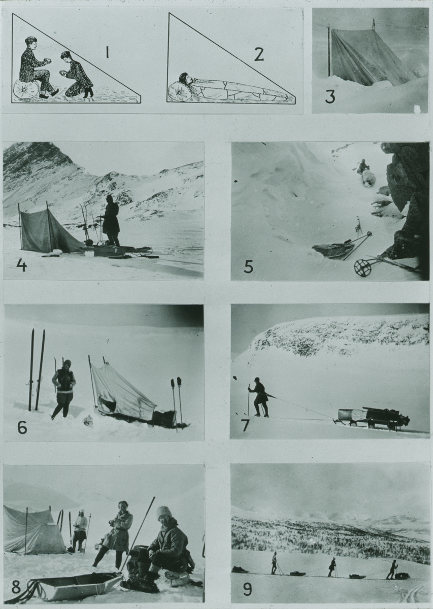 Fotografi från expedition till Spetsbergen 1920. Niodelat fotografi med motiv av expeditionsdeltagare i snölandskap och tält.