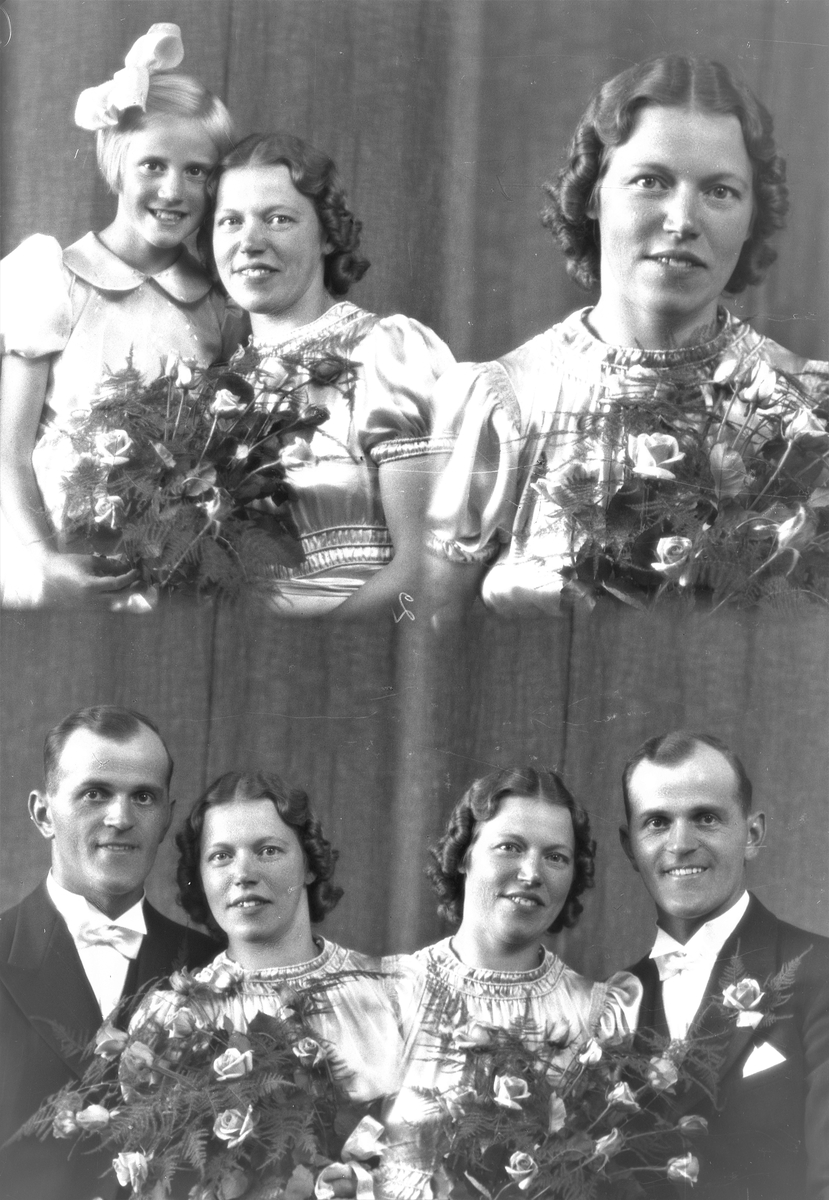 Portrett. Bridegruppe. Ungdom - pike, ung kvinne og ung mann. Brudepar med brudepike. Bestllt av Hr Tjerand Lie.