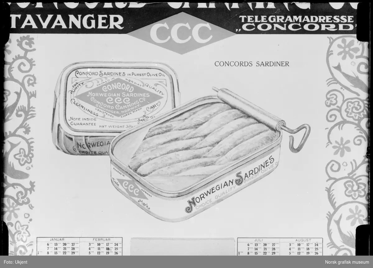 Reklame for norske sardiner i olje fra hermetikkfabrikken Concord Canning Co. Det er bilde av en åpen og en lukket hermetikkboks med tittelen "NORWEGIAN SARDINES".