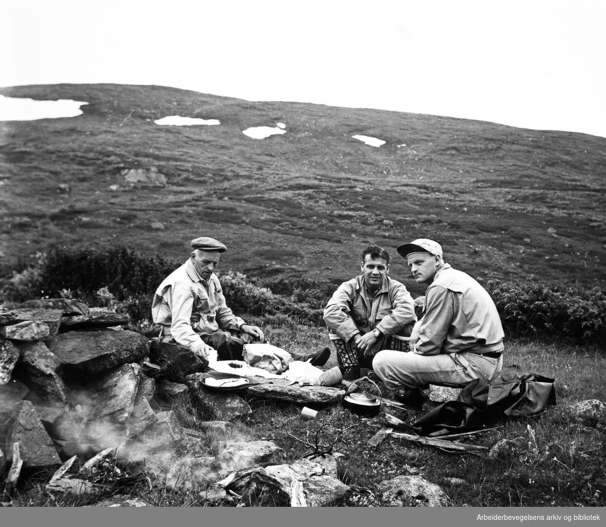Martin Tranmæl, Rolf Ruud og Odd Sevje på Hardangervidda, 1956.