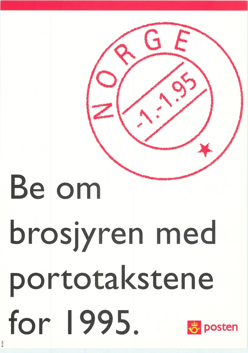 Tosidig plakat med tekst på bokmål og nynorsk. Rød og svart skrift/trykk på hvit bunn. Postlogo.