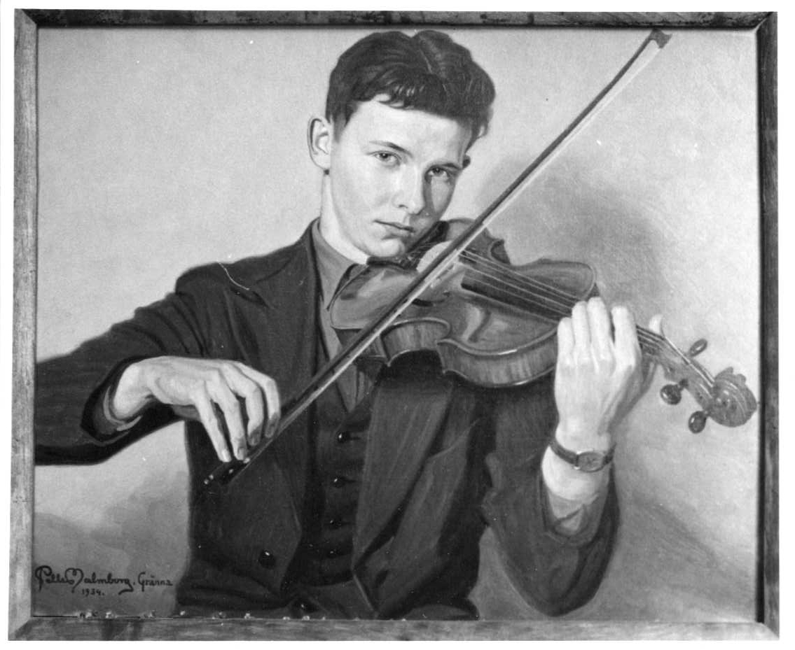 Fotografi av oljemålning av Pelle Malmborg, 1934. En ung man som spelar fiol.