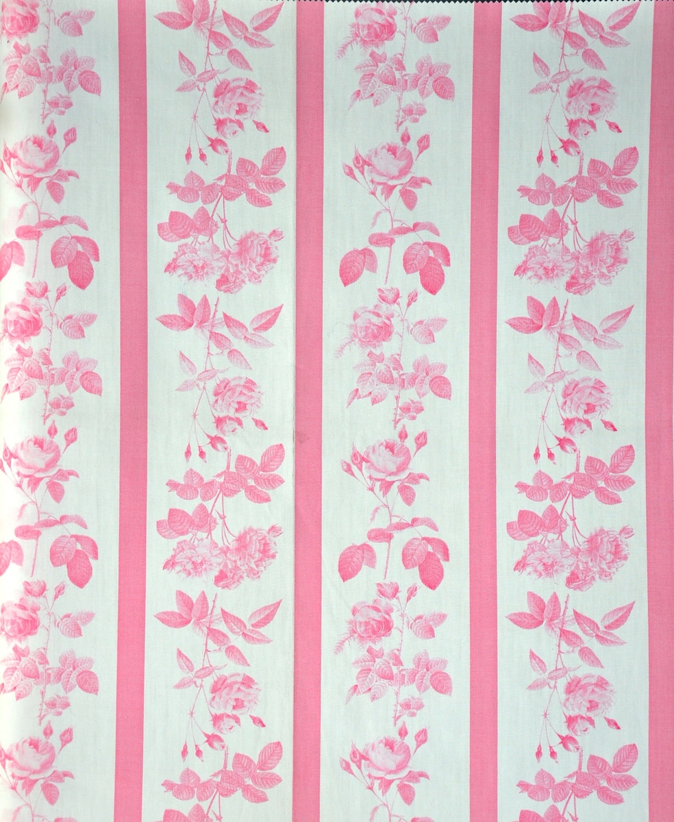 Bomullstyg, 1960-tal.
Gardityg med långrandigt tryck i två rosa toner. Motiv rosor och ränder.
Rapport 21,8 x 25,6 cm
Valstryckt.
Pigmentfärg.