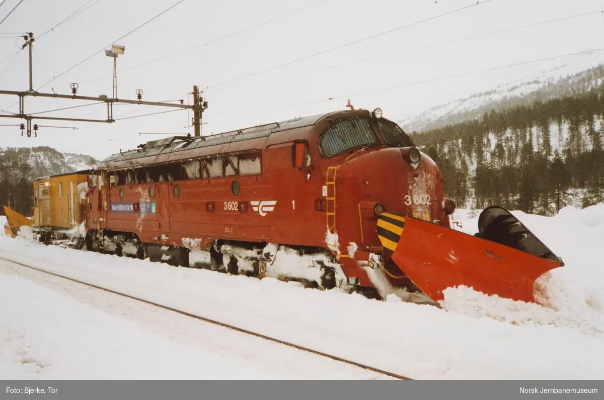 Diesellokomotiv Di 3 602 med stor frontpolog og sporrenser på Reimegrend stasjon på Bergensbanen