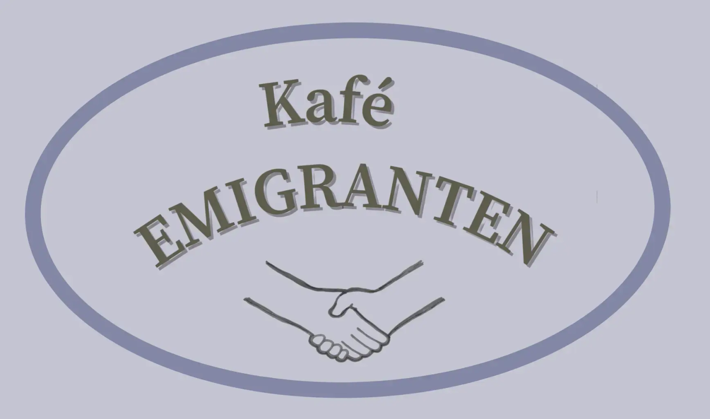 Kafé Emigranten Logo med to hender som håndhilser